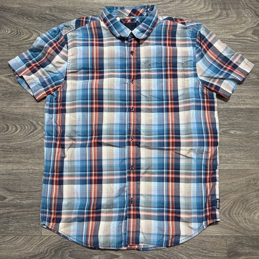 PrAna Mens Large Plaid Short Sleeve Button Down Shirt Lightweight Breathable